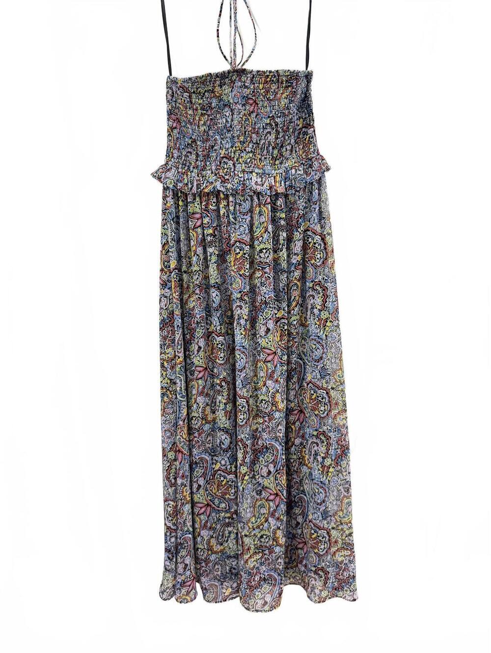 Aqua Paisley Smocked Halter Midi Dress Small Boho - Picture 2 of 9